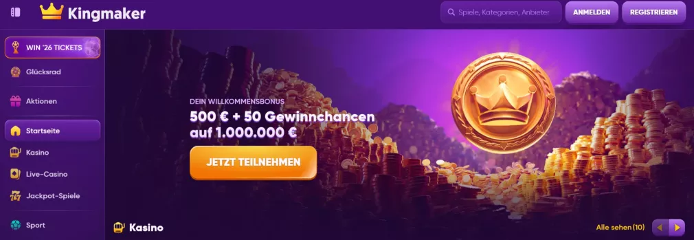 Kingmaker Casino – 500 € Willkommensbonus + 50 Gewinnchancen auf 1.000.000 € sichern